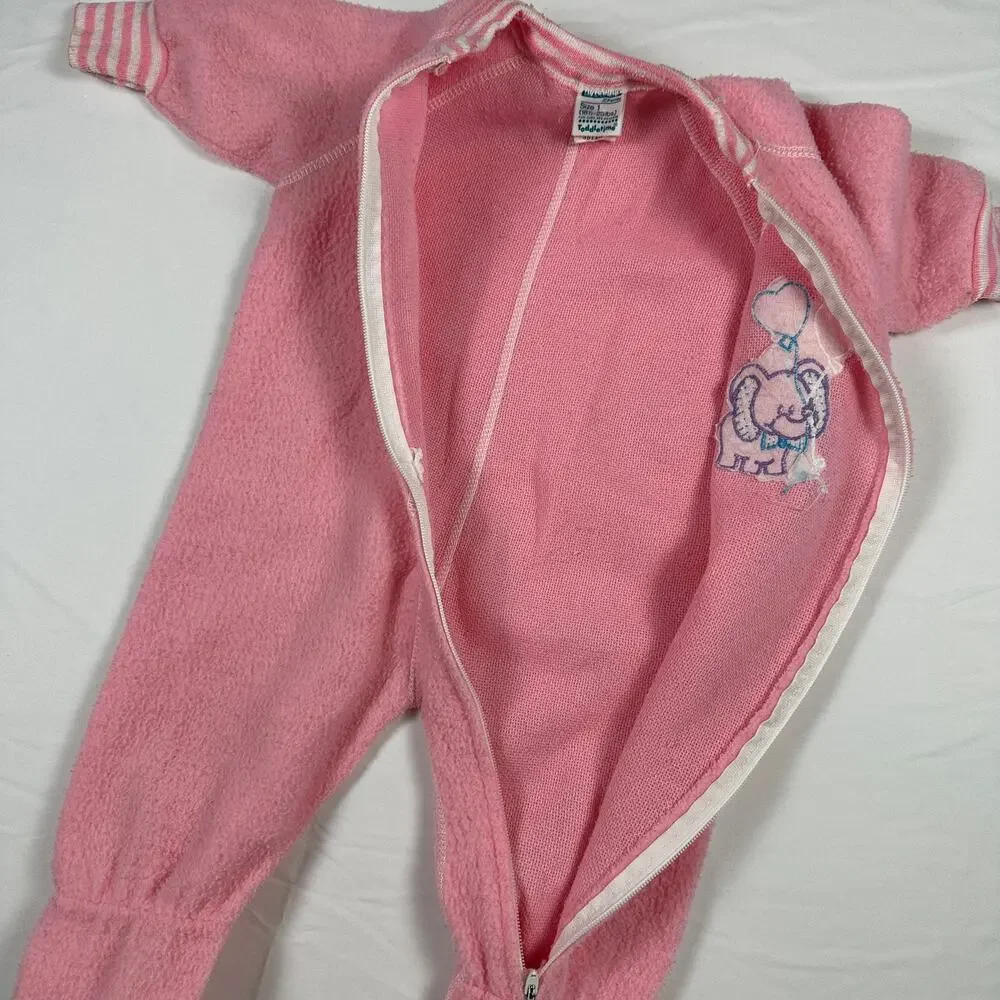 Vintage 80s JCP Toddle Time Elephant w/ Balloons Pink Fleece Footie Pajamas Sz1